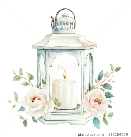 Delicate watercolor illustration of white lantern with lit candle inside, surrounded by soft pink flowers and green leaves, creating peaceful and romantic atmosphere 126204929