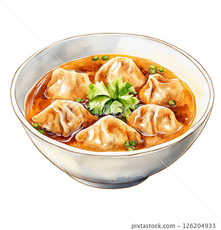 Steamed dumplings served in bowl with savory broth, garnished with fresh cilantro and chopped green onions, creating appetizing and flavorful Asian dish 126204933