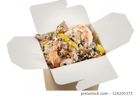 Wok in paper container on white background. Chinese noodles Wok in paper container on white background. Chinese noodles 126205375