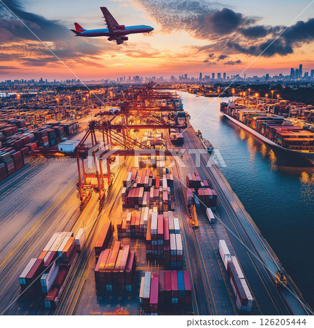 A plane flying in front of a container terminal 126205444