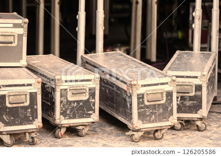 Vintage concert boxes for storing professional equipment. Preparing for a concert or artist's performance. 126205586