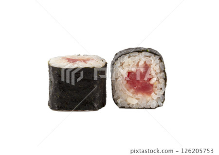 A sushi roll with a pink filling is shown on a white background 126205753