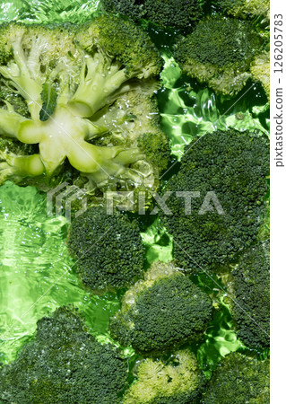 Top View of Fresh Broccoli in Water, Healthy Vegetable. 126205783