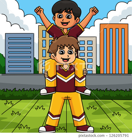 Male Cheerleader Shoulder Sit Colored Cartoon Male Cheerleader Shoulder Sit Colored Cartoon 126205791