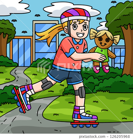 Female Inline Skating with Doll Colored Cartoon  126205968