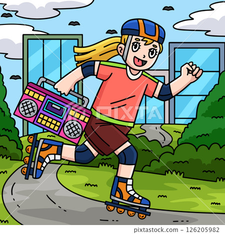 Female Inline Skater with a Radio Colored Cartoon  126205982