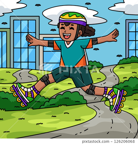 Female Inline Skater Jumping Colored Cartoon Female Inline Skater Jumping Colored Cartoon 126206068