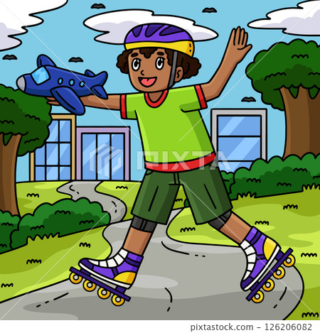 Inline Skating Boy with Toy Colored Cartoon  126206082
