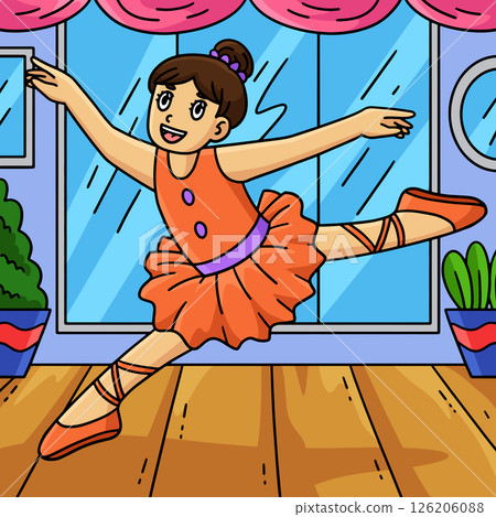 Ballerina making Leap Colored Cartoon Illustration Ballerina making Leap Colored Cartoon Illustration 126206088