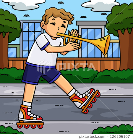 Inline Skater with Trumpet Colored Cartoon  126206107