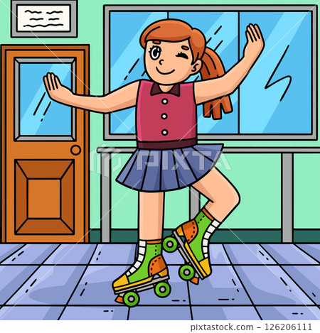 Roller Skating Girl Dancing Colored Cartoon  126206111