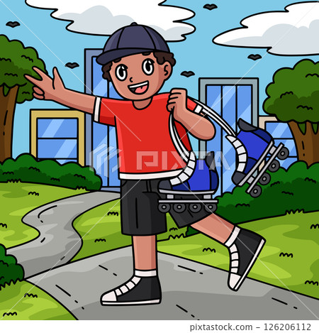Inline Skater Carrying Skates Colored Cartoon  126206112