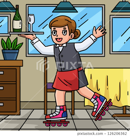 Female Inline Skates Waiter Colored Cartoon Female Inline Skates Waiter Colored Cartoon 126206362