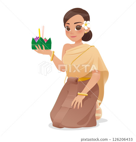 Illustration of a woman at Loy Kratong Festival in Thailand. 126206433