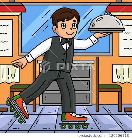 Inline Skates Waiter Colored Cartoon Illustration  126206518