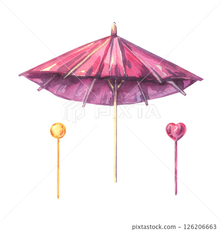 Watercolor illustration of cocktail accessories: two decorative drink stirrers heart and sphere and a vibrant paper umbrella. Perfect for tropical party decor, summer beverages, and festive design use Watercolor illustration of cocktail accessories: two decorative drink stirrers heart and sphere and a vibrant paper umbrella. Perfect for tropical party decor, summer beverages, and festive design use 126206663