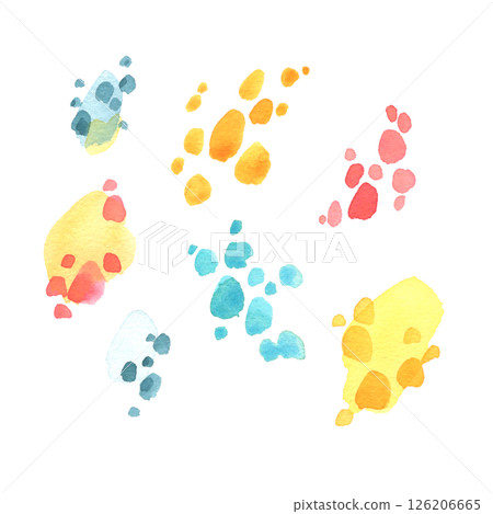 A watercolor set of isolated paint stains and brush strokes in yellow, red, and turquoise-blue shades. Ideal for creative designs, artistic compositions, backgrounds, and abstract natural-themed 126206665