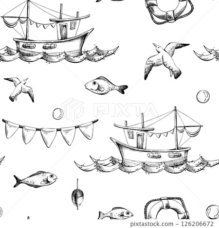 Watercolor illustration on the theme of sea fishing with a seamless pattern. Boat, lighthouse, fishing lodge, seagulls, flags, barrel, steering wheel, anchor, lifebuoy. For fabric, print, wallpaper. Watercolor illustration on the theme of sea fishing with a seamless pattern. Boat, lighthouse, fishing lodge, seagulls, flags, barrel, steering wheel, anchor, lifebuoy. For fabric, print, wallpaper. 126206672