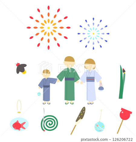 一組夏季圖標，父母和孩子穿著浴衣觀看煙火 126206722