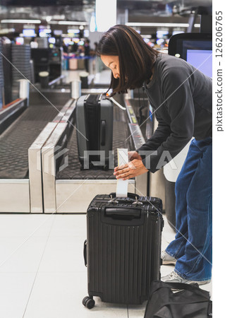 Woman putting flight tag on her luggage at check in counter at airport. 126206765
