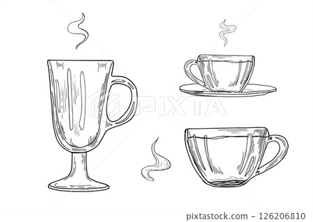 Vector set of tea pair, mulled wine mug, and coffee cup with steam monochrome illustration. Drink drinkware line art black ink sketch for cafe branding, winter holiday design, cozy home decor. Vector set of tea pair, mulled wine mug, and coffee cup with steam monochrome illustration. Drink drinkware line art black ink sketch for cafe branding, winter holiday design, cozy home decor. 126206810