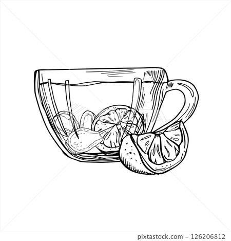 Glass cup with ginger and lemon slices minimal monochrome vector illustration in black and white. Simple line art of hot healthy drink with citrus wedge for detox tea packaging, spa wellness design. Glass cup with ginger and lemon slices minimal monochrome vector illustration in black and white. Simple line art of hot healthy drink with citrus wedge for detox tea packaging, spa wellness design. 126206812