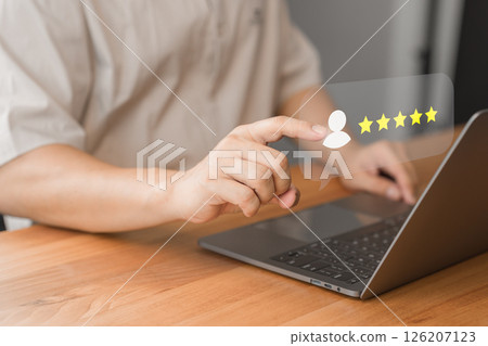 Male member select a five-star rating bubble. Business concept of represents customer feedback, online reviews, and user satisfaction in a digital interface. 126207123