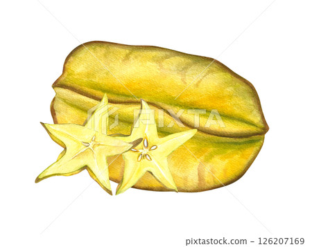 Ripe yellow green carambola with slices watercolor illustration isolated background. Star fruit for food packaging, healthy eating concepts, cookbooks, tropical designs, and culinary branding Ripe yellow green carambola with slices watercolor illustration isolated background. Star fruit for food packaging, healthy eating concepts, cookbooks, tropical designs, and culinary branding 126207169