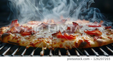 Steaming hot pizza with crispy bacon, fresh tomatoes, gooey melting cheese, and fragrant herbs baking on a metal rack in the oven. Close-up. Delicious details of this mouthwatering culinary delight 126207203