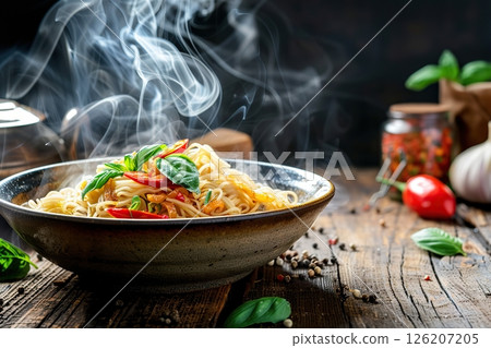 Stir fry noodles with vegetables and beef in black bowl. Chow mein dish. Hot ramen noodle with steam smoke, green onion in black bowl on wooden table background. Spicy Asian meal. Junk food concept. 126207205