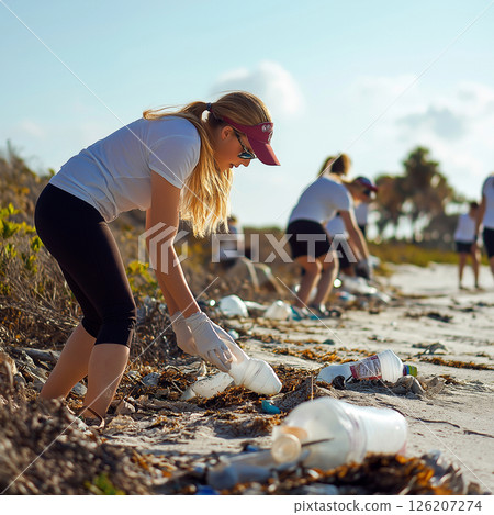 Woman picking up trash 126207274