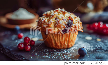 Warm muffin placed on a dark slate with berries and powdered sugar 126207289