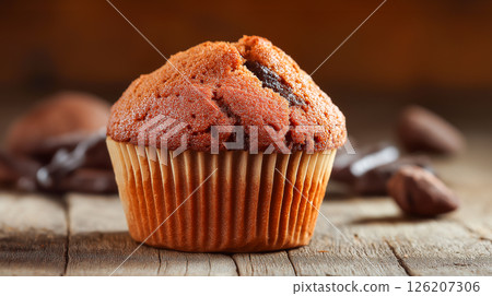 Freshly baked chocolate muffin on wooden table with rustic background 126207306
