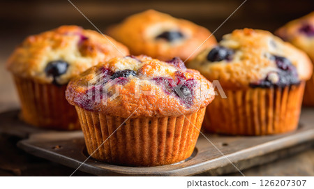 Freshly baked blueberry muffins in a rustic kitchen Freshly baked blueberry muffins in a rustic kitchen 126207307