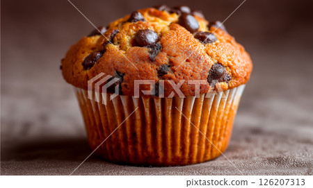 Delicious chocolate chip muffin at a cozy cafe 126207313