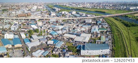 Aerial photography of Saitama Prefecture: Drone shot of Toda City from above the Arakawa River 126207453