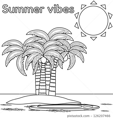 Coloring page with outline a scene of a tropical island, palm trees, coconuts, surfboard, sun, ocean waves. Summer vibes. For entertaining, vacation banner, beach, summertime, tropics, sports design. Coloring page with outline a scene of a tropical island, palm trees, coconuts, surfboard, sun, ocean waves. Summer vibes. For entertaining, vacation banner, beach, summertime, tropics, sports design. 126207466