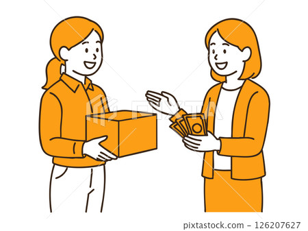 Illustration of a female businessman exchanging goods for money 126207627