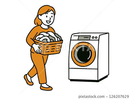 一位女士將衣物拿進洗衣機的插圖 126207629