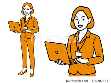 Illustration of a female business person operating a laptop (full body, bust up) 126207631