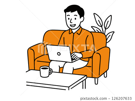Illustration of a man working on a laptop on the sofa (working from home/remote work) 126207633