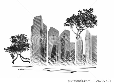Abstract cityscape with condos and office buildings . Art collage or design with plants Abstract cityscape with condos and office buildings . Art collage or design with plants 126207695