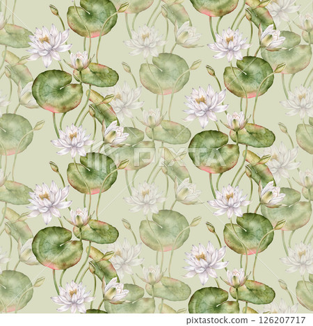 Seamless watercolor pattern featuring delicate white water lilies with green leaves. Hand-drawn lotus flowers on an isolated background, perfect for textiles and wrapping paper. 126207717
