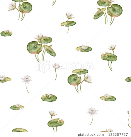 Seamless watercolor pattern featuring delicate white water lilies with green leaves. Hand-drawn lotus flowers on an isolated background, perfect for textiles and wrapping paper. Seamless watercolor pattern featuring delicate white water lilies with green leaves. Hand-drawn lotus flowers on an isolated background, perfect for textiles and wrapping paper. 126207727