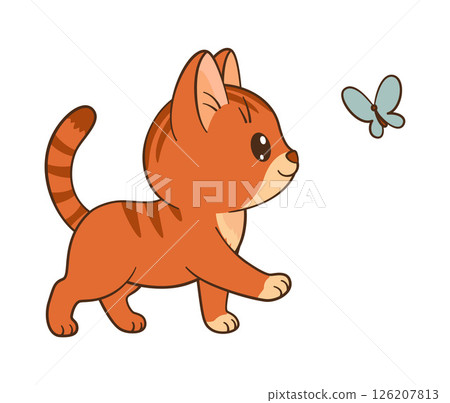 Cute ginger tabby kitten follows a butterfly. Hand drawn fun and heartfelt style 126207813