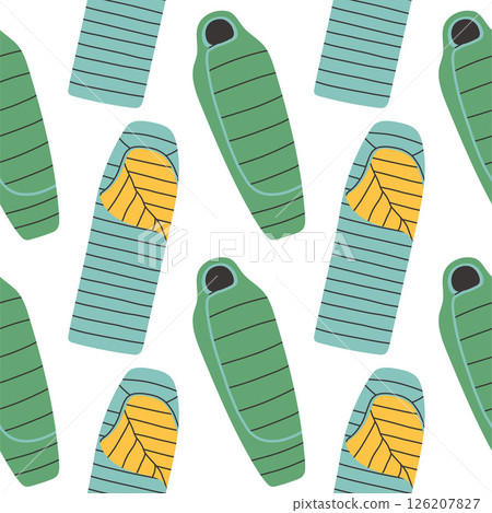 Sleeping bag seamless pattern on white background. Summer camp pattern design in hand drawn flat style for scrapbooking, textile, wrapping, banner Sleeping bag seamless pattern on white background. Summer camp pattern design in hand drawn flat style for scrapbooking, textile, wrapping, banner 126207827