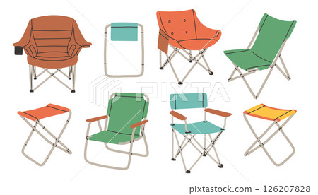 Camping or fishing chair set. Summer portable outdoor furniture for traveling. Climbing, hiking, trakking sport, adventure tourism, travel, backpacking. Camping or fishing chair set. Summer portable outdoor furniture for traveling. Climbing, hiking, trakking sport, adventure tourism, travel, backpacking. 126207828