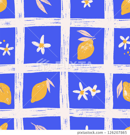 Trendy lemon seamless pattern in summer amalfi style. Tropical bright fruit citrus checkered background with hatching textured hand drawn lemons, flowers, leaves. Vector design for wrapping, fabric Trendy lemon seamless pattern in summer amalfi style. Tropical bright fruit citrus checkered background with hatching textured hand drawn lemons, flowers, leaves. Vector design for wrapping, fabric 126207865