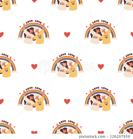 Seamless Pattern Happy Couple LGBT Women Lesbian Under Rainbow on white background with hearts. Pride Month. LGBTQ community, Parade, love, support, acceptance. Holiday backdrop. Vector illustration 126207939