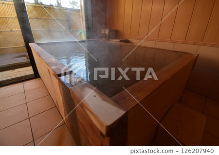 Hot spring, inn, bath, cypress, open-air bath, bathtub, hot water, spout, fruit forest 126207940